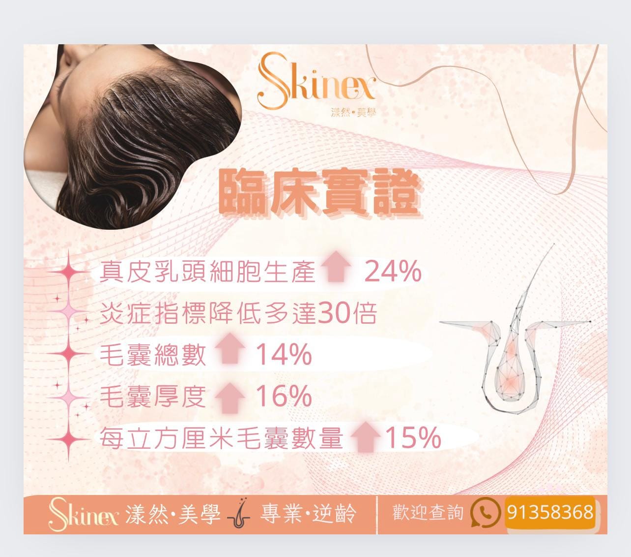 臨床實證：真皮乳頭細胞生產增加24%、炎症指標降低多達30倍、毛囊總數增加14%、毛囊厚度增加16%、每立方厘米毛囊數量增加15%